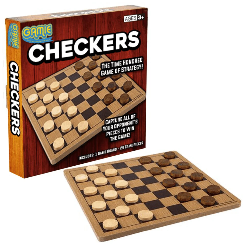 Gamie Checkers Board Game – Classic Wood Brown Set with 24 Pieces – Fun Board Games for Family & Kids and Adults