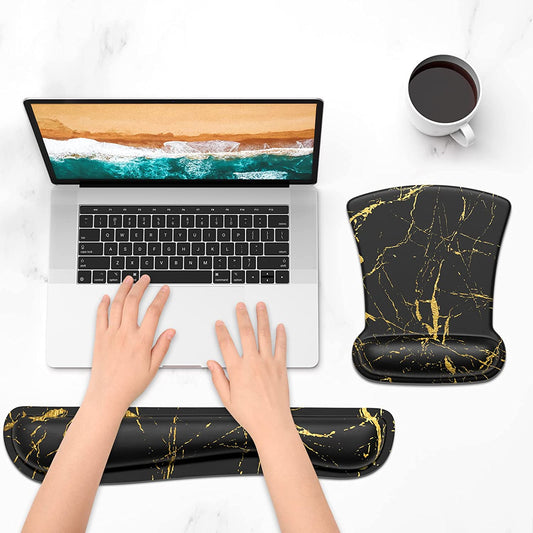 Mouse Pad Wrist Support Keyboard Wrist Rest Pad Ergonomic Mousepad Non-Slip Memory Foam Keyboard Pad Easy Typing Pain Relief Perfect for PC Laptop Gaming Office,Black Gold Marble