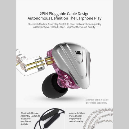 KZ ZSX 5BA+1DD 6 Driver Hybrid In-Ear Hifi Earphones with Zinc Alloy Faceplate, 0.75Mm 2 Pin Detachable Cable for Audiophile Musician (With Mic, Purple)