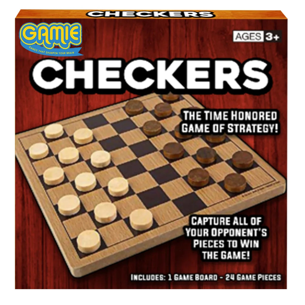 Gamie Checkers Board Game – Classic Wood Brown Set with 24 Pieces – Fun Board Games for Family & Kids and Adults