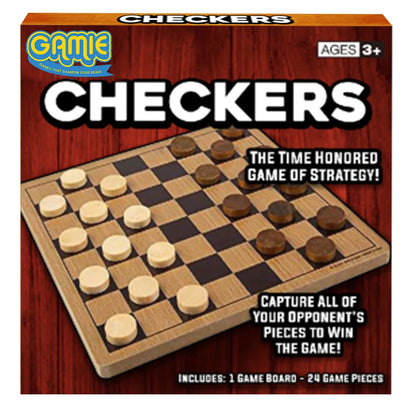 Gamie Checkers Board Game – Classic Wood Brown Set with 24 Pieces – Fun Board Games for Family & Kids and Adults